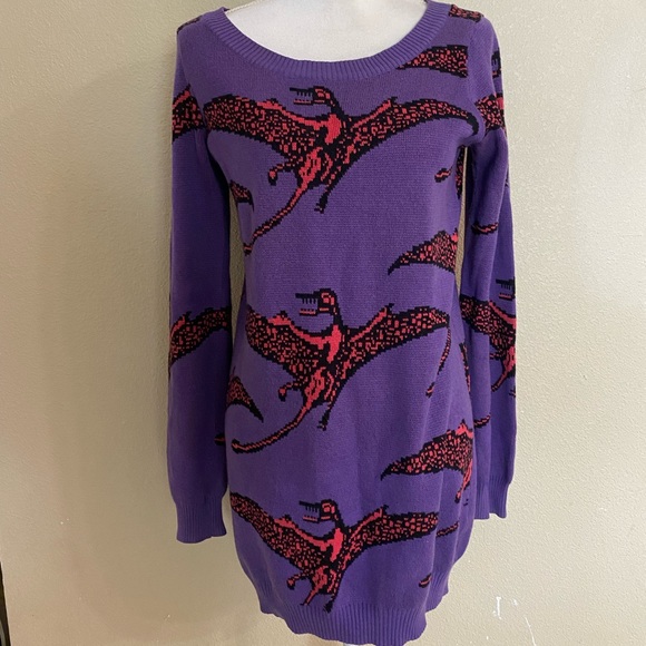 Vintage Betsey Johnson Pterodactyl Dinosaur 80’s Punk Sweater Dress Rare neon - Picture 3 of 13